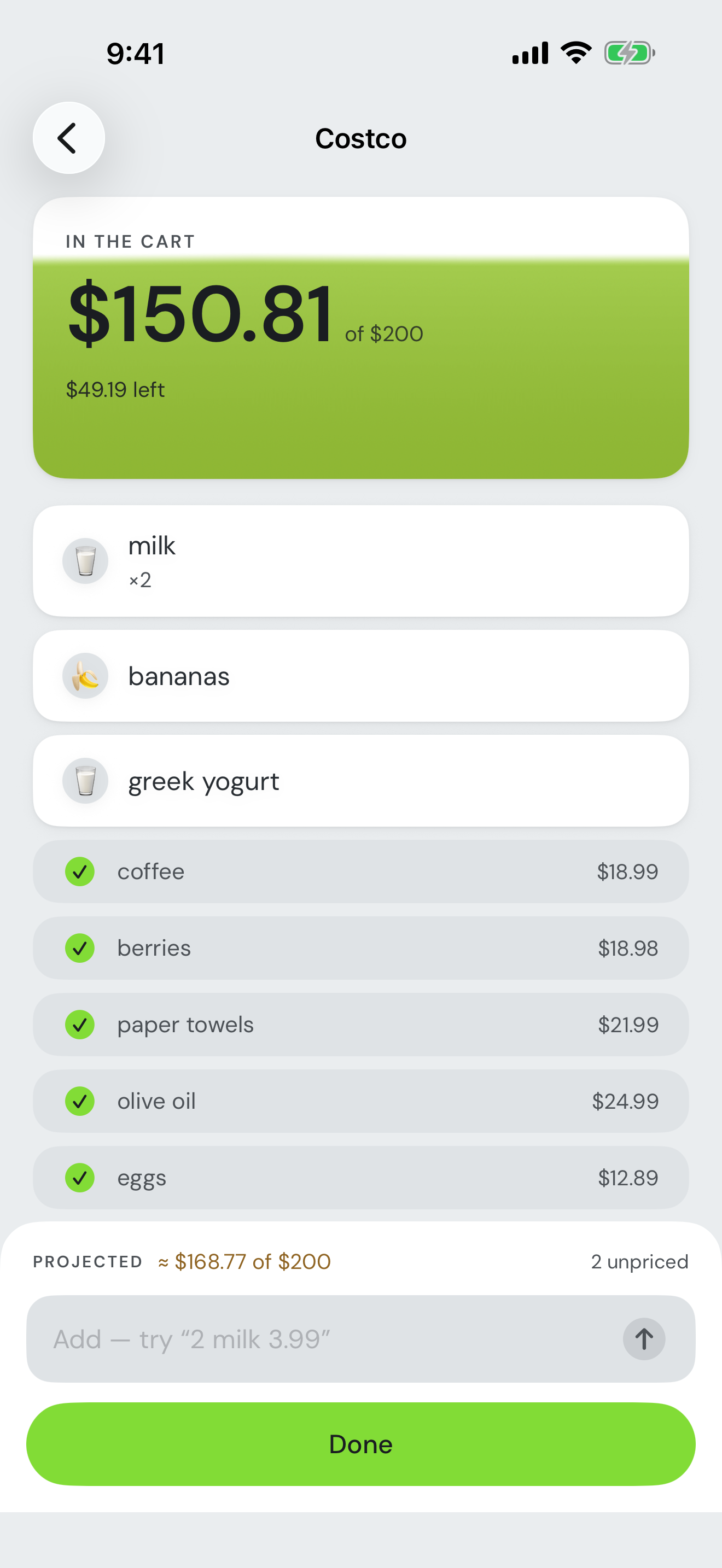 CartCap iPhone screenshot showing a Costco list with emoji item icons and a $150.81 of $200 cap